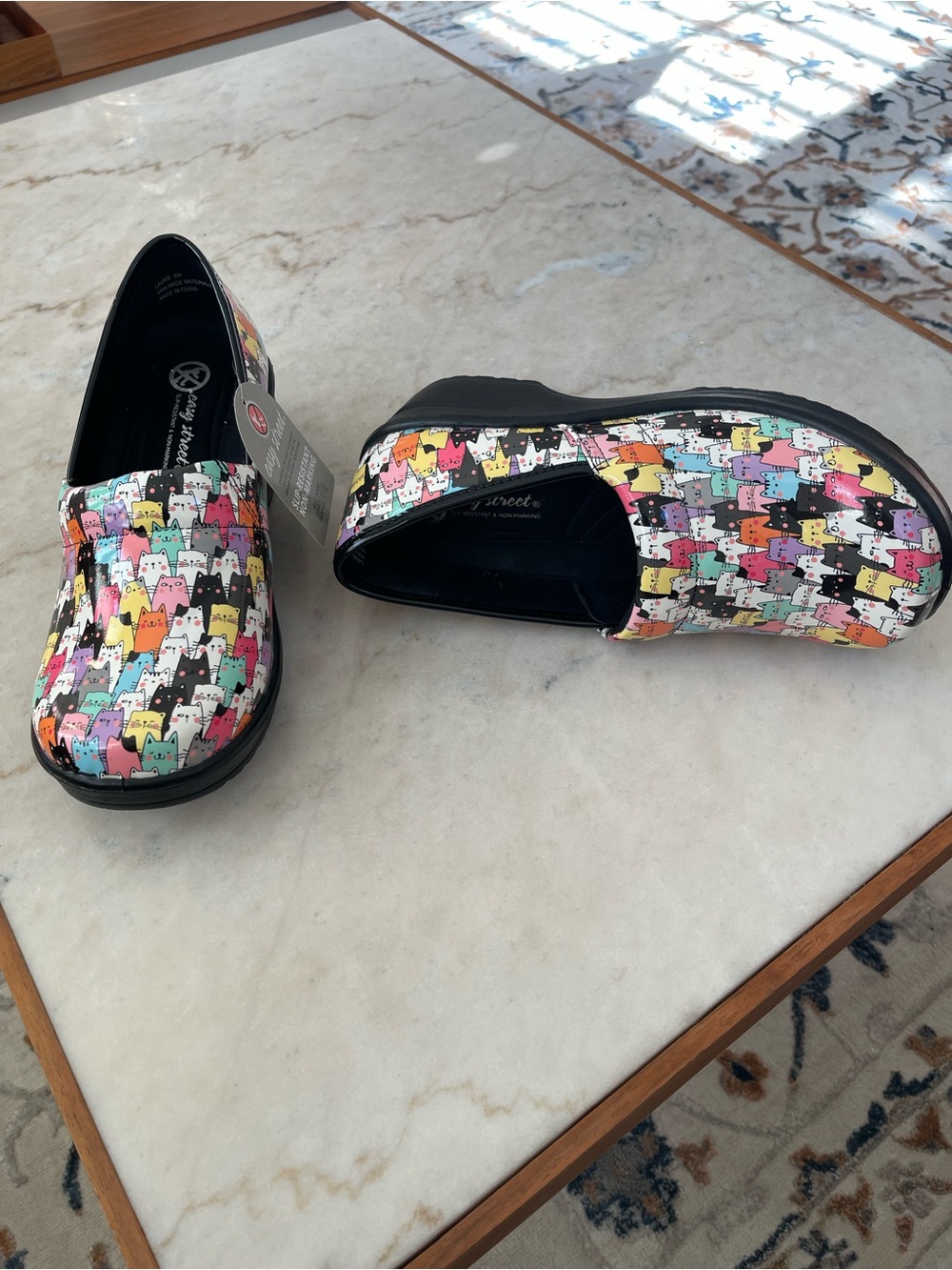 Easy Street Slip-On Shoes with Colorful Cat Print slip resistant fully padded